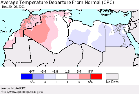 North Africa Average Temperature Departure from Normal (CPC) Thematic Map For 12/20/2021 - 12/26/2021