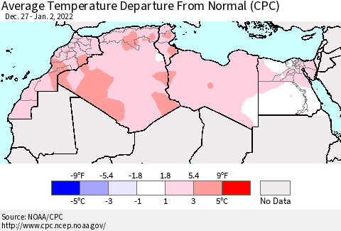 North Africa Average Temperature Departure from Normal (CPC) Thematic Map For 12/27/2021 - 1/2/2022