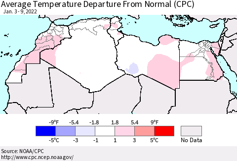 North Africa Average Temperature Departure from Normal (CPC) Thematic Map For 1/3/2022 - 1/9/2022