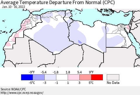 North Africa Average Temperature Departure from Normal (CPC) Thematic Map For 1/10/2022 - 1/16/2022
