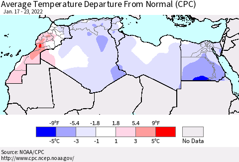 North Africa Average Temperature Departure from Normal (CPC) Thematic Map For 1/17/2022 - 1/23/2022