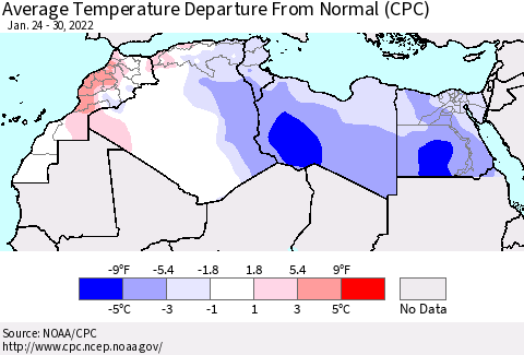 North Africa Average Temperature Departure from Normal (CPC) Thematic Map For 1/24/2022 - 1/30/2022
