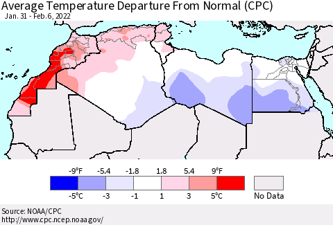 North Africa Average Temperature Departure from Normal (CPC) Thematic Map For 1/31/2022 - 2/6/2022