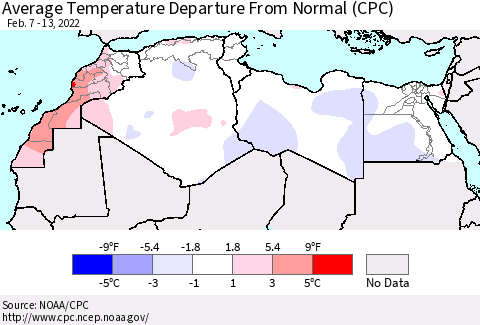 North Africa Average Temperature Departure from Normal (CPC) Thematic Map For 2/7/2022 - 2/13/2022