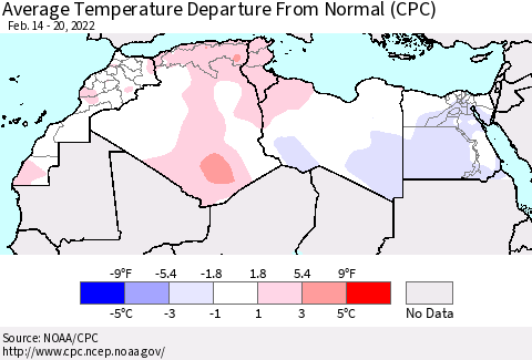 North Africa Average Temperature Departure from Normal (CPC) Thematic Map For 2/14/2022 - 2/20/2022