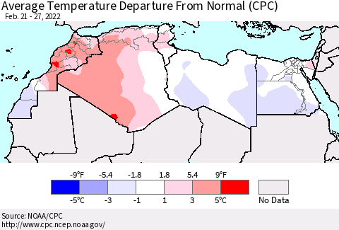 North Africa Average Temperature Departure from Normal (CPC) Thematic Map For 2/21/2022 - 2/27/2022