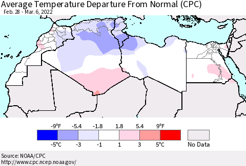 North Africa Average Temperature Departure from Normal (CPC) Thematic Map For 2/28/2022 - 3/6/2022