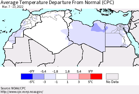 North Africa Average Temperature Departure from Normal (CPC) Thematic Map For 3/7/2022 - 3/13/2022