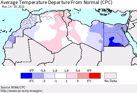 North Africa Average Temperature Departure from Normal (CPC) Thematic Map For 3/14/2022 - 3/20/2022