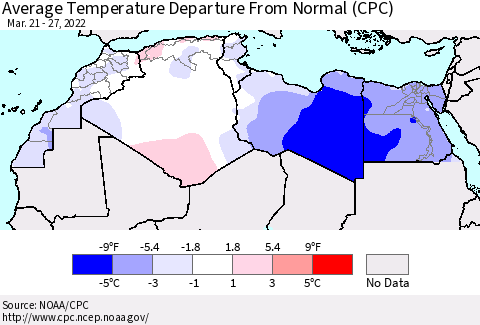 North Africa Average Temperature Departure from Normal (CPC) Thematic Map For 3/21/2022 - 3/27/2022