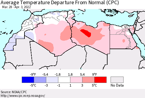 North Africa Average Temperature Departure from Normal (CPC) Thematic Map For 3/28/2022 - 4/3/2022