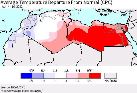 North Africa Average Temperature Departure from Normal (CPC) Thematic Map For 4/4/2022 - 4/10/2022
