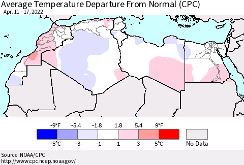 North Africa Average Temperature Departure from Normal (CPC) Thematic Map For 4/11/2022 - 4/17/2022