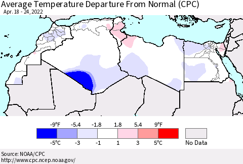 North Africa Average Temperature Departure from Normal (CPC) Thematic Map For 4/18/2022 - 4/24/2022