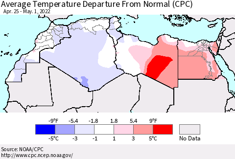 North Africa Average Temperature Departure from Normal (CPC) Thematic Map For 4/25/2022 - 5/1/2022