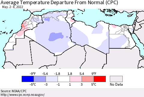North Africa Average Temperature Departure from Normal (CPC) Thematic Map For 5/2/2022 - 5/8/2022