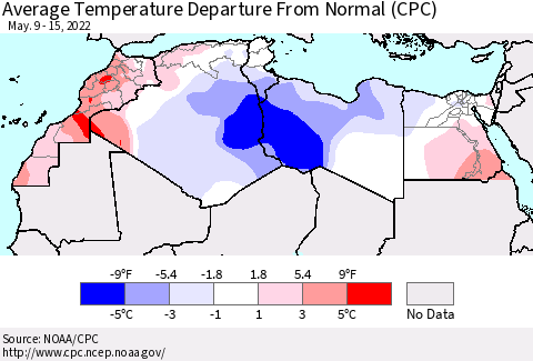 North Africa Average Temperature Departure from Normal (CPC) Thematic Map For 5/9/2022 - 5/15/2022