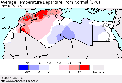 North Africa Average Temperature Departure from Normal (CPC) Thematic Map For 5/16/2022 - 5/22/2022
