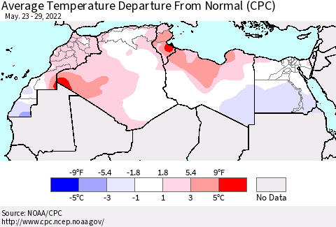 North Africa Average Temperature Departure from Normal (CPC) Thematic Map For 5/23/2022 - 5/29/2022