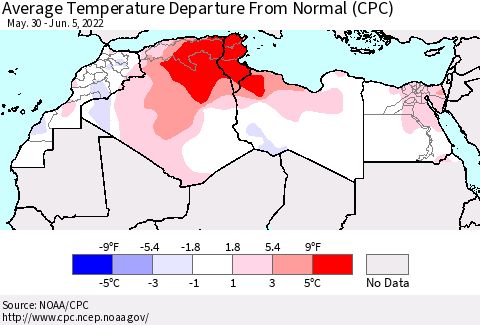 North Africa Average Temperature Departure from Normal (CPC) Thematic Map For 5/30/2022 - 6/5/2022