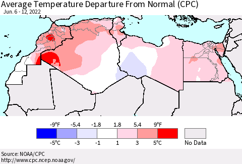 North Africa Average Temperature Departure from Normal (CPC) Thematic Map For 6/6/2022 - 6/12/2022