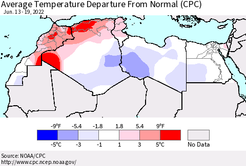North Africa Average Temperature Departure from Normal (CPC) Thematic Map For 6/13/2022 - 6/19/2022