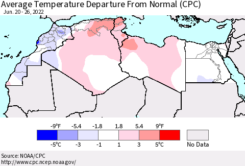 North Africa Average Temperature Departure from Normal (CPC) Thematic Map For 6/20/2022 - 6/26/2022