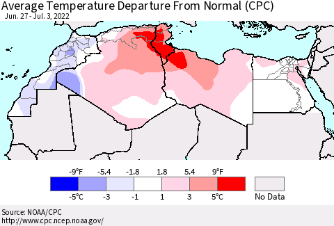 North Africa Average Temperature Departure from Normal (CPC) Thematic Map For 6/27/2022 - 7/3/2022
