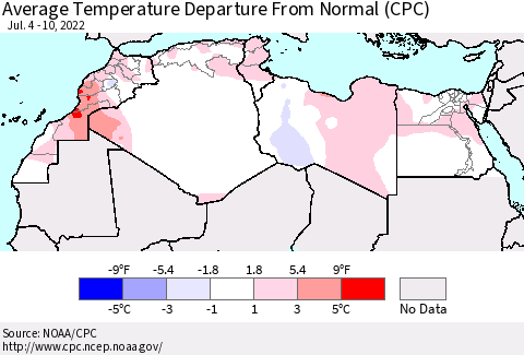 North Africa Average Temperature Departure from Normal (CPC) Thematic Map For 7/4/2022 - 7/10/2022