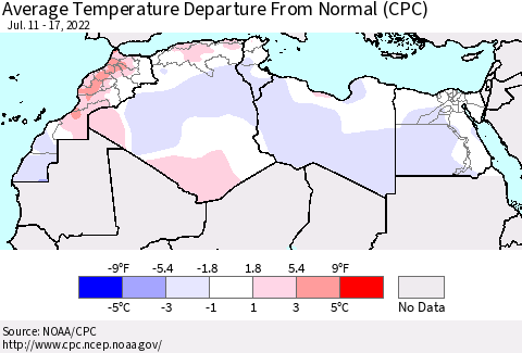 North Africa Average Temperature Departure from Normal (CPC) Thematic Map For 7/11/2022 - 7/17/2022