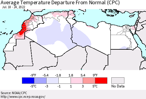 North Africa Average Temperature Departure from Normal (CPC) Thematic Map For 7/18/2022 - 7/24/2022