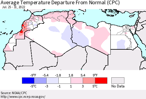 North Africa Average Temperature Departure from Normal (CPC) Thematic Map For 7/25/2022 - 7/31/2022