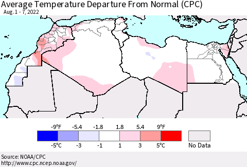 North Africa Average Temperature Departure from Normal (CPC) Thematic Map For 8/1/2022 - 8/7/2022