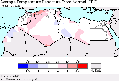 North Africa Average Temperature Departure from Normal (CPC) Thematic Map For 8/8/2022 - 8/14/2022