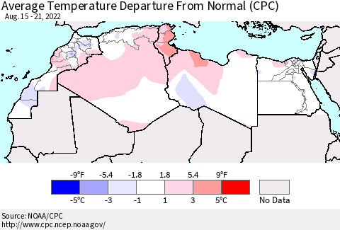 North Africa Average Temperature Departure from Normal (CPC) Thematic Map For 8/15/2022 - 8/21/2022