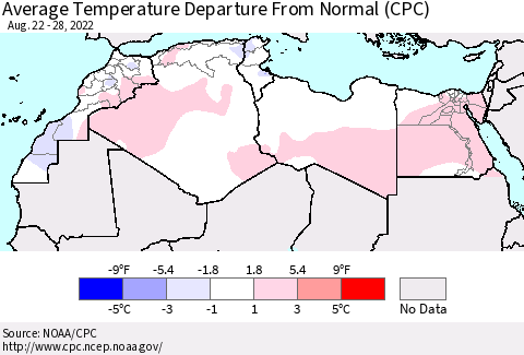 North Africa Average Temperature Departure from Normal (CPC) Thematic Map For 8/22/2022 - 8/28/2022