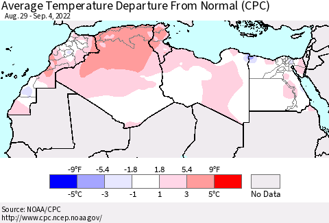 North Africa Average Temperature Departure from Normal (CPC) Thematic Map For 8/29/2022 - 9/4/2022