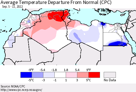 North Africa Average Temperature Departure from Normal (CPC) Thematic Map For 9/5/2022 - 9/11/2022