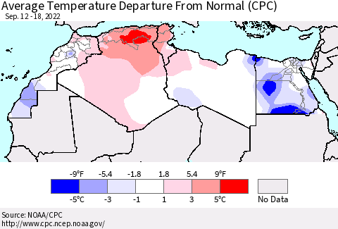 North Africa Average Temperature Departure from Normal (CPC) Thematic Map For 9/12/2022 - 9/18/2022