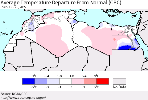 North Africa Average Temperature Departure from Normal (CPC) Thematic Map For 9/19/2022 - 9/25/2022