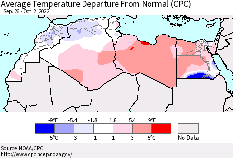North Africa Average Temperature Departure from Normal (CPC) Thematic Map For 9/26/2022 - 10/2/2022
