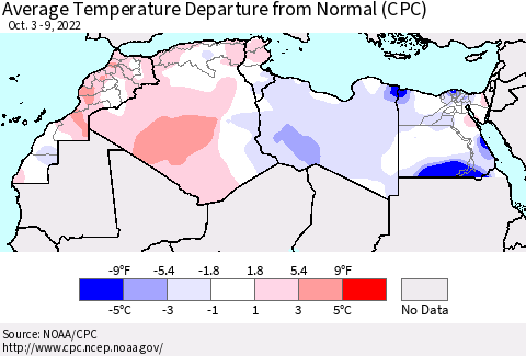 North Africa Average Temperature Departure from Normal (CPC) Thematic Map For 10/3/2022 - 10/9/2022