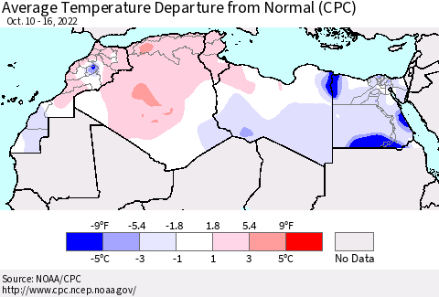 North Africa Average Temperature Departure from Normal (CPC) Thematic Map For 10/10/2022 - 10/16/2022