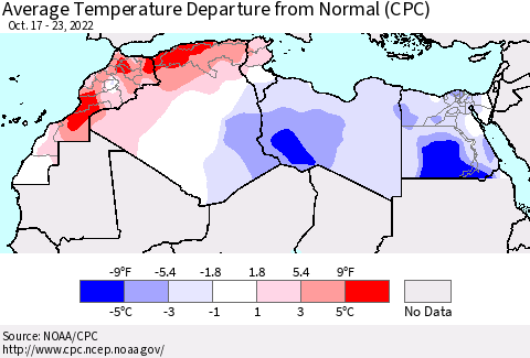 North Africa Average Temperature Departure from Normal (CPC) Thematic Map For 10/17/2022 - 10/23/2022