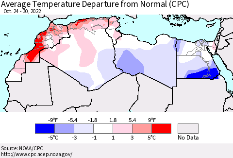 North Africa Average Temperature Departure from Normal (CPC) Thematic Map For 10/24/2022 - 10/30/2022