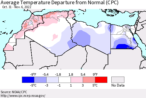 North Africa Average Temperature Departure from Normal (CPC) Thematic Map For 10/31/2022 - 11/6/2022