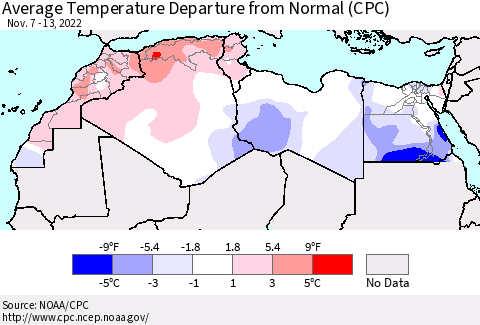 North Africa Average Temperature Departure from Normal (CPC) Thematic Map For 11/7/2022 - 11/13/2022