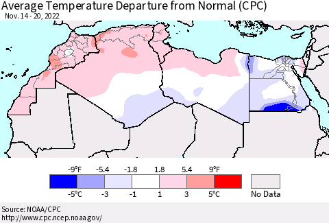 North Africa Average Temperature Departure from Normal (CPC) Thematic Map For 11/14/2022 - 11/20/2022