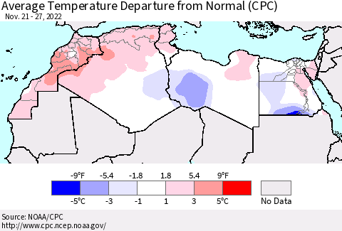 North Africa Average Temperature Departure from Normal (CPC) Thematic Map For 11/21/2022 - 11/27/2022
