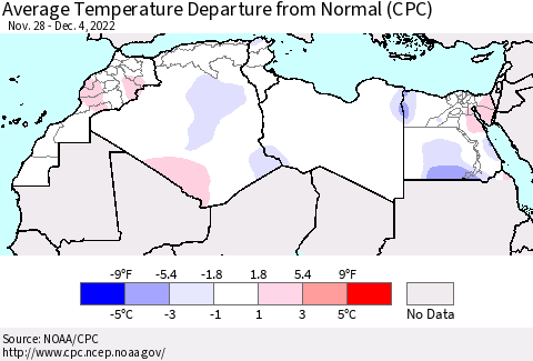North Africa Average Temperature Departure from Normal (CPC) Thematic Map For 11/28/2022 - 12/4/2022